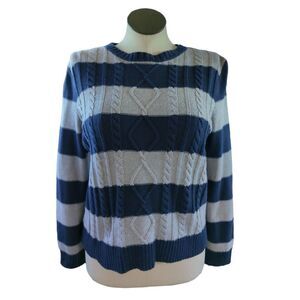 Chaps Classics Women's Size XL Cable Knit Sweater Blue And Gray Striped VNeck